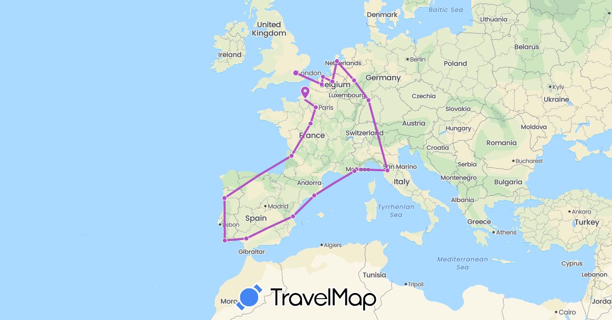 TravelMap itinerary: driving, train in Belgium, Germany, Spain, France, United Kingdom, Italy, Netherlands, Portugal (Europe)